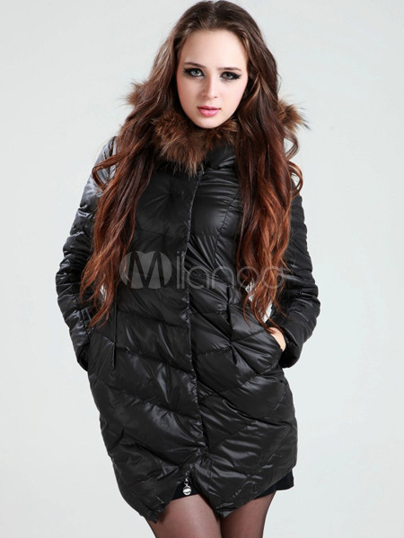 Black Hooded White Duck Down Womens Down Jacket