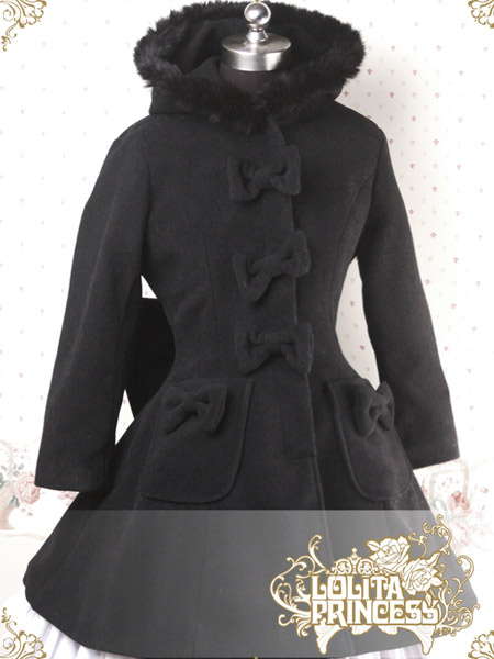 Black Cropped Sleeves Bow Cashmere Polyester Lolita Coat