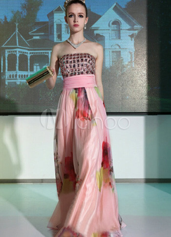 Romantic Pink Tencel Flower Printing Empire Waist Women's Prom Dress