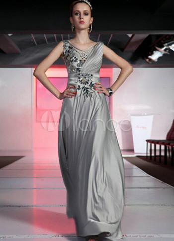 Silver Gray Embroidery V-neck Floor Length Women's Prom Dress