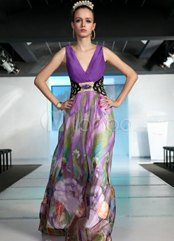 Romantic Flower Printing Tencel Chiffon Empire Waist Women's Prom Dress