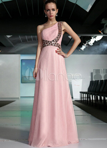 Slim Pink Silk Beading One Shoulder Floor Length Women's Prom Dress
