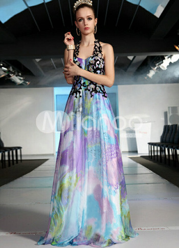 Gorgeous Flower Print Tencel Halter Floor Length Prom Dress