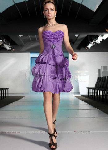 Multi-layered Purple Silk Like Satin Strapless Women's Cocktail Dress