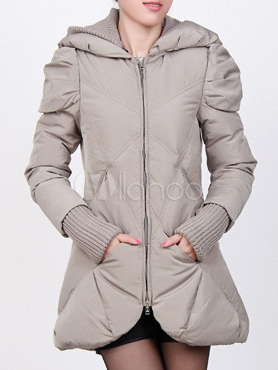 Gray Long Sleeves Front Zip Women's Down Jacket