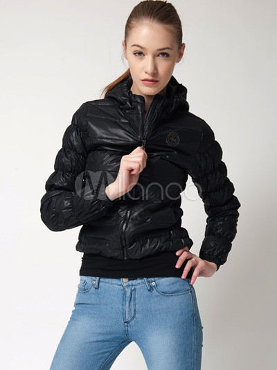 Black Nylon Taffeta Polyester Women's Short Down Jacekt