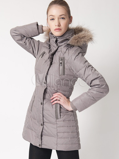 Gray White Zip Women's Long Down Jacket