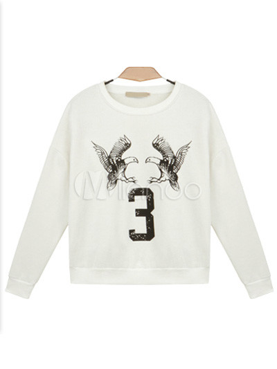 White Number 3 Round Collar Long Sleeves Cotton Terylene Womens Top White Number 3 Round Collar Long Sleeves Cotton Terylene Womens Top