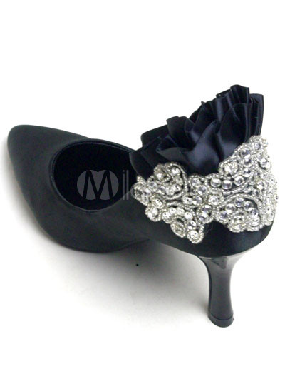 Black Shoes  Wedding on Black Leather Lace Decoration Pointed Toe Wedding Bridal Shoes