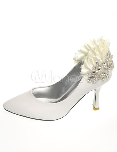 White Lace Wedding Shoes on White Leather Lace Decoration Pointed Toe Wedding Bridal Shoes