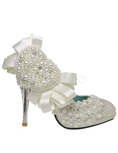 Bridal Shoes Pearls on White Leather Pearl Crystal Decoration Wedding Bridal Shoes   Milanoo