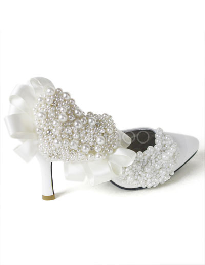 Bridal Shoes Pearls on White Pearl Crystal Decoration Pointed Toe Leather Bridal Shoes