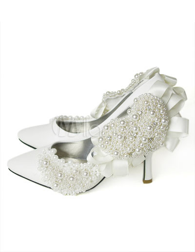 Bridal Shoes Pearls on White Pearl Crystal Decoration Pointed Toe Leather Bridal Shoes