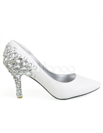 White Leather Rhinestone Decoration Wedding Bridal Shoes