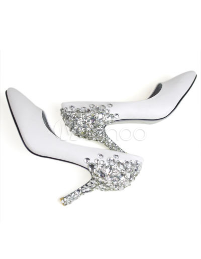 Rhinestone Bridal Shoes on White Leather Rhinestone Decoration Wedding Bridal Shoes   Milanoo