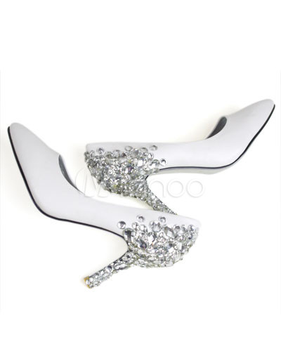 Rhinestone Bridal Shoes on White Leather Rhinestone Decoration Wedding Bridal Shoes Milanoo