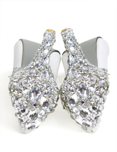 White Leather Rhinestone Decoration Wedding Bridal Shoes