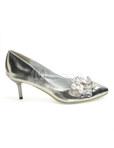 Bridal Shoes Pearls on Silver Cow Leather Pearl Decoration Wedding Bridal Shoes