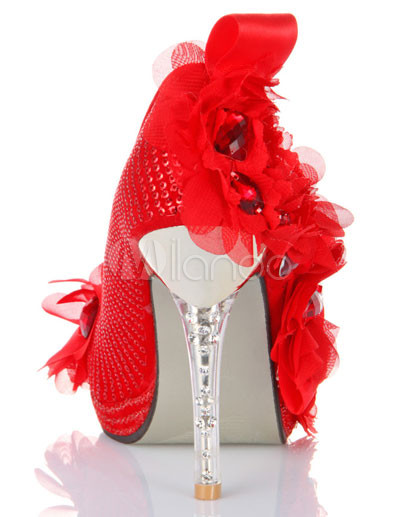 Red Mixed Leather Rhinestone Flower Decoration Wedding Bridal Shoes