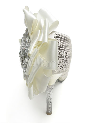 Silver Mixed Leather Flower Rhinestone Wedding Bridal Shoes