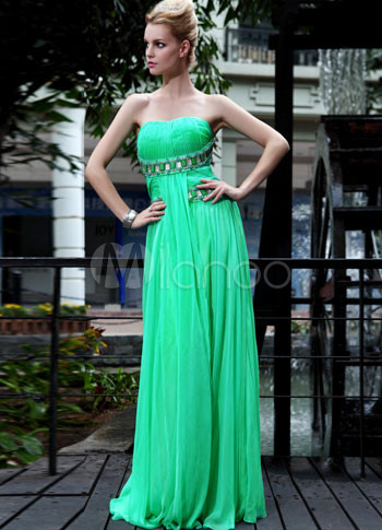 Green Strapless Beaded Pleated Empire Waist Chiffon Prom Dress