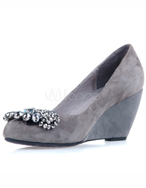 Gray Bow Suede Pigskin Women's Wedge Shoes - Milanoo