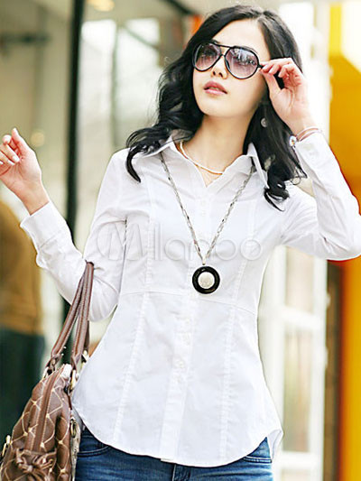 Casual White Turndown Collar Long Sleeves Cotton Shirt