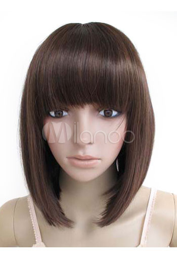 Cute 45cm Brownish Black Neat Bang Nylon Womens Fashion Bob Wig
