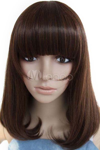 Cute 50cm Brownish Black Neat Bang Nylon Womens Fashion Wig