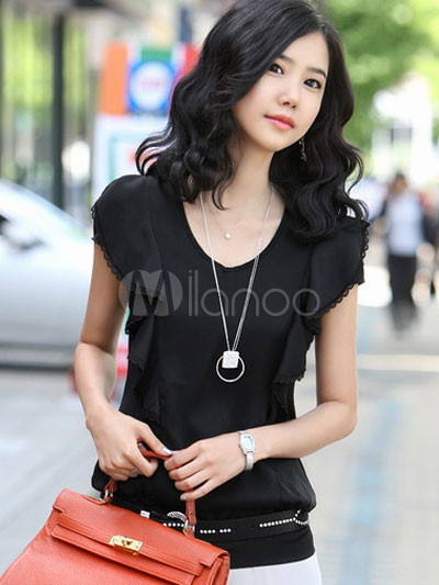 Elegant Black Short Sleeves Ruffles Wrinkled Satin Shirt