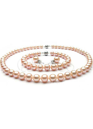 Fashionable Pink Freshwater Pearl 42cm Necklace 16cm Bracelet S925 Earring Studs Sets