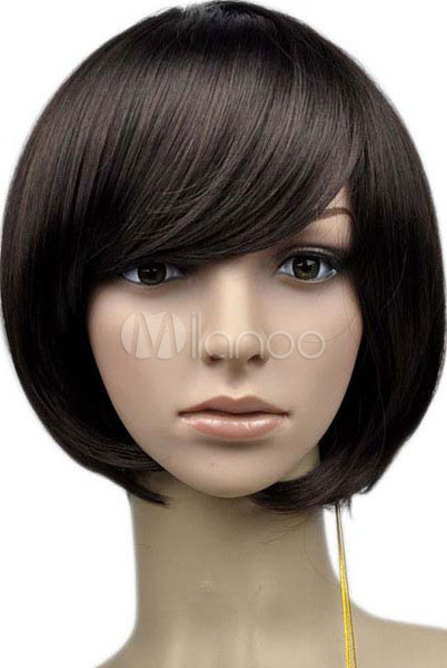 Feminine 45cm Brownish Black Inclined Fringe Nylon Womens Fashion Wig