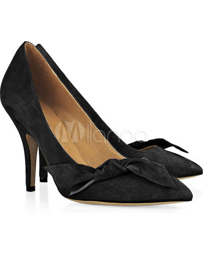 Glamorous Black 4'' High Heel Bow Pointed Toe Flannel Fashion Pumps
