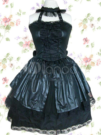 Black Satin Cotton Gothic Lolita Dress