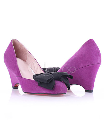 Women Fashion Shoes on Classic Purple Sheepskin Bow Wedge Womens Fashion Shoes   Milanoo Com