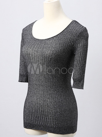 Fashion Elastic Black Round Collar Three-Quarter Sleeves Cotton Sheath Sweater