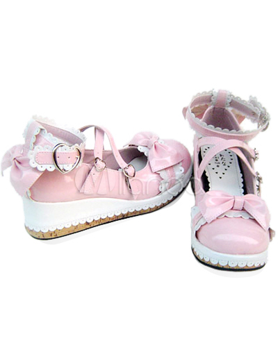 Pink  White Saddle Shoes on Lovely Pink And White 2   Heel Round Toe Ankle Straps Buckle Bow Pu