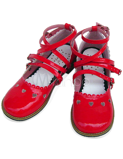 Flat Shoe on Lovely Red Flat Round Toe Ankle Straps Buckle Bow Pu Lolita Shoes