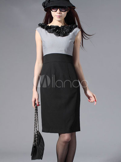 Professional Gray And Black 60% Polyester 35% Wool Sleeveless Ladies Dress