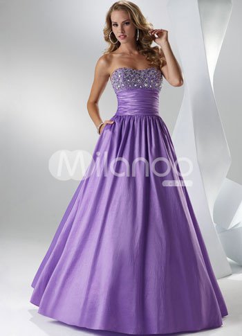 Purple Stretch Satin Strapless Beaded Floor Length Prom Dress