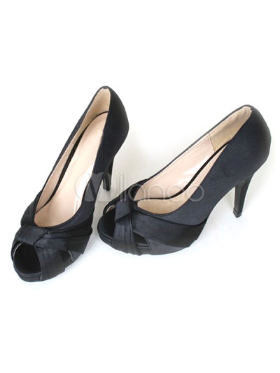 Slim 3 9/10'' Heel Black Peep Toe Satin Silk Fashion Sandals