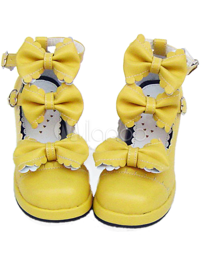Yellow PU 2 2/5'' Platform Bow Buckle Lolita Shoes