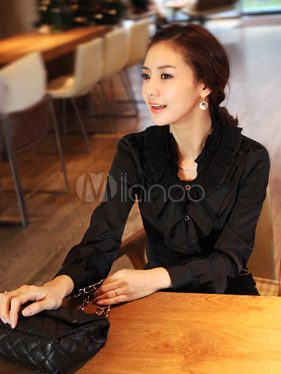 Womens Fashion Tops on Black Poly Spandex Long Sleeves Turndown Collar Womens Fashion Shirt