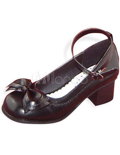 Wedding Shoes Bows on Elegant Black 1 4 5 High Heel Ankle Strap Bows Pu Lolita Shoes