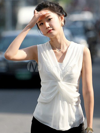 Fashion Tops on White Silk Sleeveless Overlap Fashion Top For Women   Milanoo Com