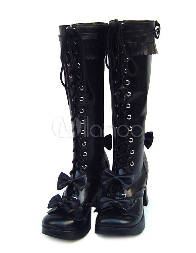 Heel Boots on Black 3   High Heel Lace Tie Bow Pu Lolita Boots   Milanoo Com