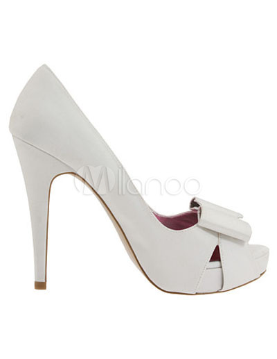 White Mules Shoes on Peep Toe White 4 7 10       High Heel 4 5       Platform Bow Satin