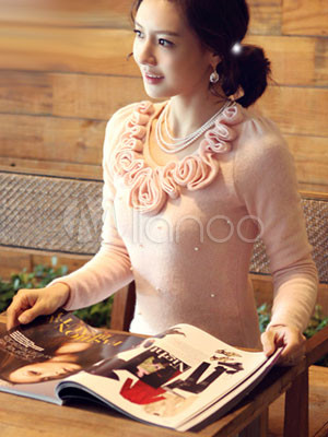 Pink Cotton Round Neck Long Sleeves Womens Shirt