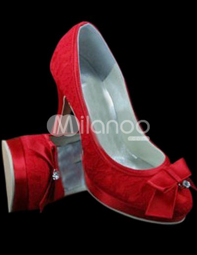 Wedding Shoes  Heel on Red Satin Lace Bow 3 9 10   High Heel Wedding Shoes   Milanoo Com