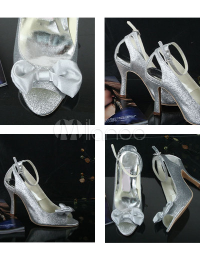 Silver Glitter Wedding Shoes on Pretty Silver Glitter Bow 3 1 2   High Heel Wedding Shoes   Milanoo